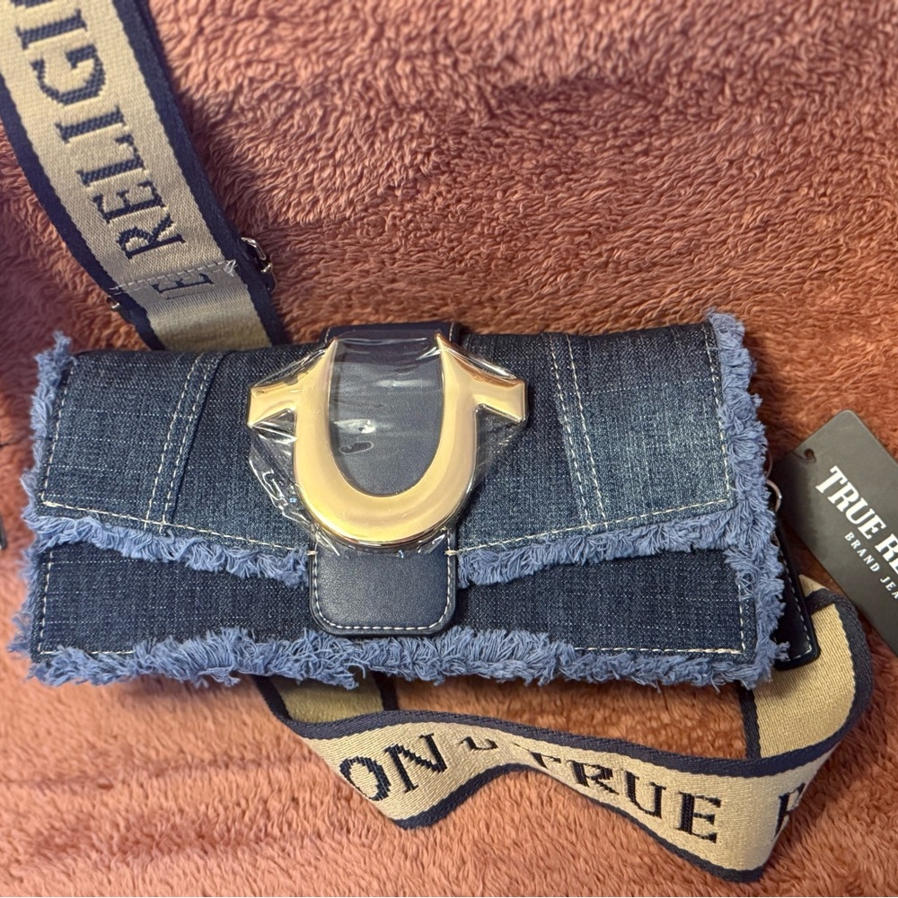 True Religion Denim Crossbody with Gold Horseshoe Accent - Indigo